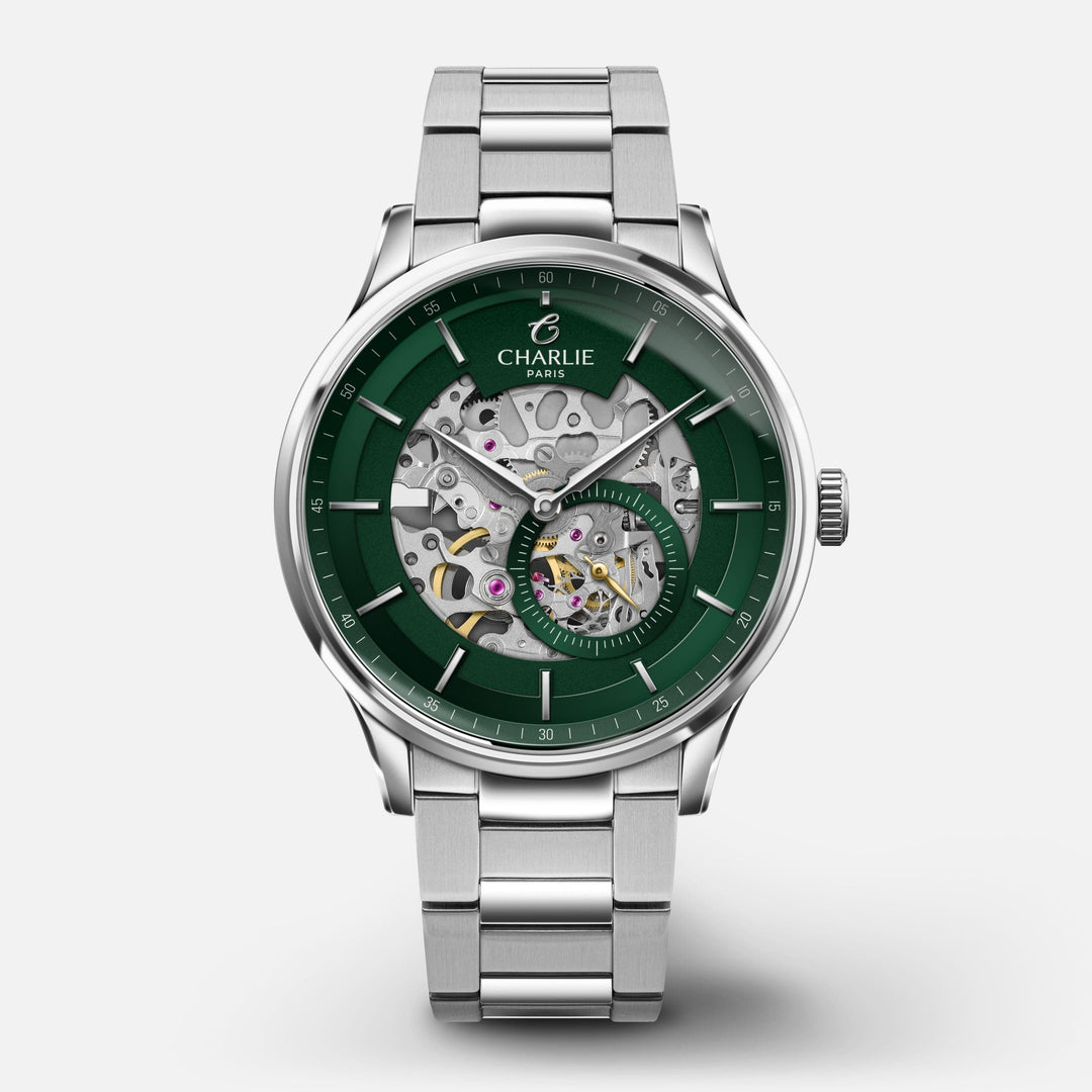 Montre Charlie Paris INITIAL Squelette Vert 40 mm en acier inoxydable Charlie Paris Montre 3-link stainless steel / Acier inoxydable ISQ-40-024 / B-ICO / m-ICO Montre Charlie Paris INITIAL Squelette - Vert 40 mm | Dépositaire Officiel Canada | Mathieu Blanchard Joaillerie Mathieu Blanchard Joaillerie