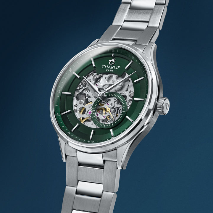 Montre Charlie Paris INITIAL Squelette Vert 40 mm en acier inoxydable Charlie Paris Montre Montre Charlie Paris INITIAL Squelette - Vert 40 mm | Dépositaire Officiel Canada | Mathieu Blanchard Joaillerie Mathieu Blanchard Joaillerie