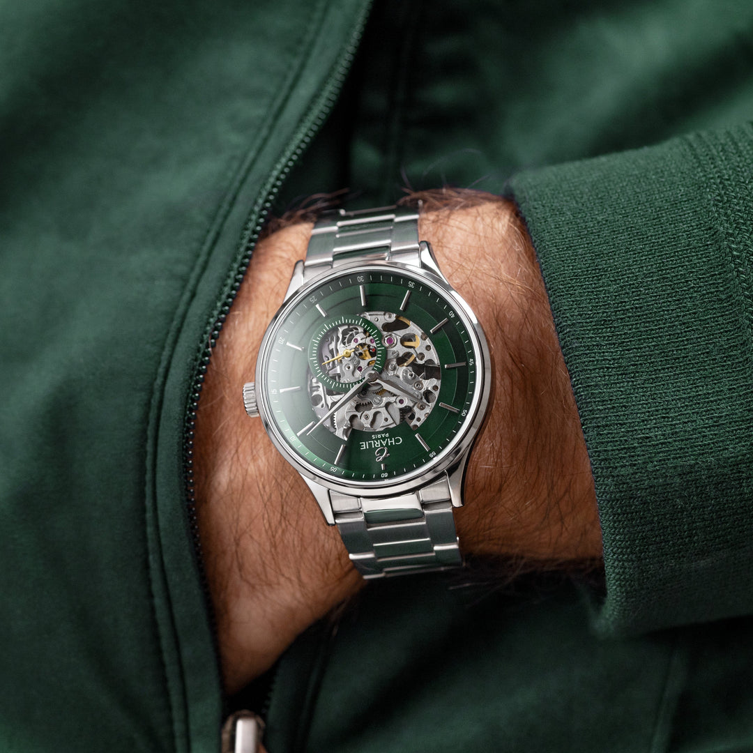 Montre Charlie Paris INITIAL Squelette Vert 40 mm en acier inoxydable Charlie Paris Montre Montre Charlie Paris INITIAL Squelette - Vert 40 mm | Dépositaire Officiel Canada | Mathieu Blanchard Joaillerie Mathieu Blanchard Joaillerie