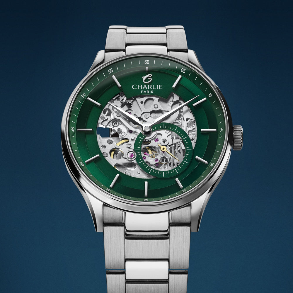 Montre Charlie Paris INITIAL Squelette Vert 40 mm en acier inoxydable Charlie Paris Montre Montre Charlie Paris INITIAL Squelette - Vert 40 mm | Dépositaire Officiel Canada | Mathieu Blanchard Joaillerie Mathieu Blanchard Joaillerie