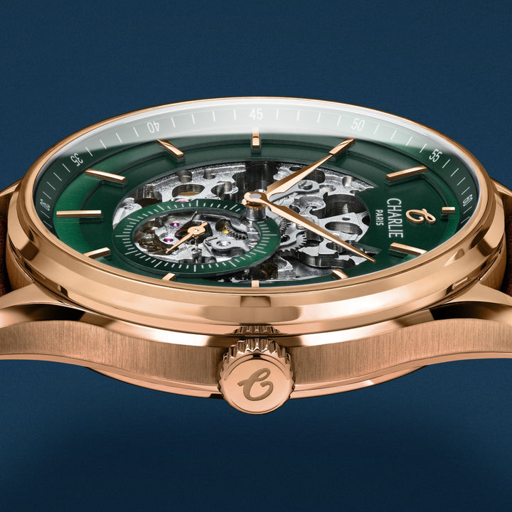 Charlie Paris Montre Montre Charlie Paris INITIAL Squelette - Vert &amp;  Or Rosé 40 mm