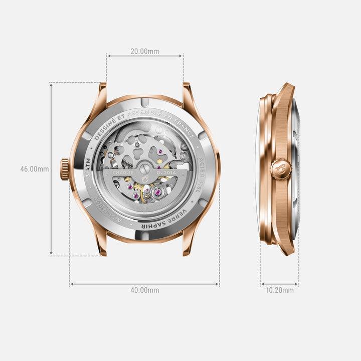 Montre Charlie Paris INITIAL Squelette Vert &amp;Rosé 40 mm en acier inoxydable Charlie Paris Montre Montre Charlie Paris INITIAL Squelette - Vert &amp;  Or Rosé 40 mm | Dépositaire Officiel Canada | Mathieu Blanchard Joaillerie Mathieu Blanchard Joaillerie