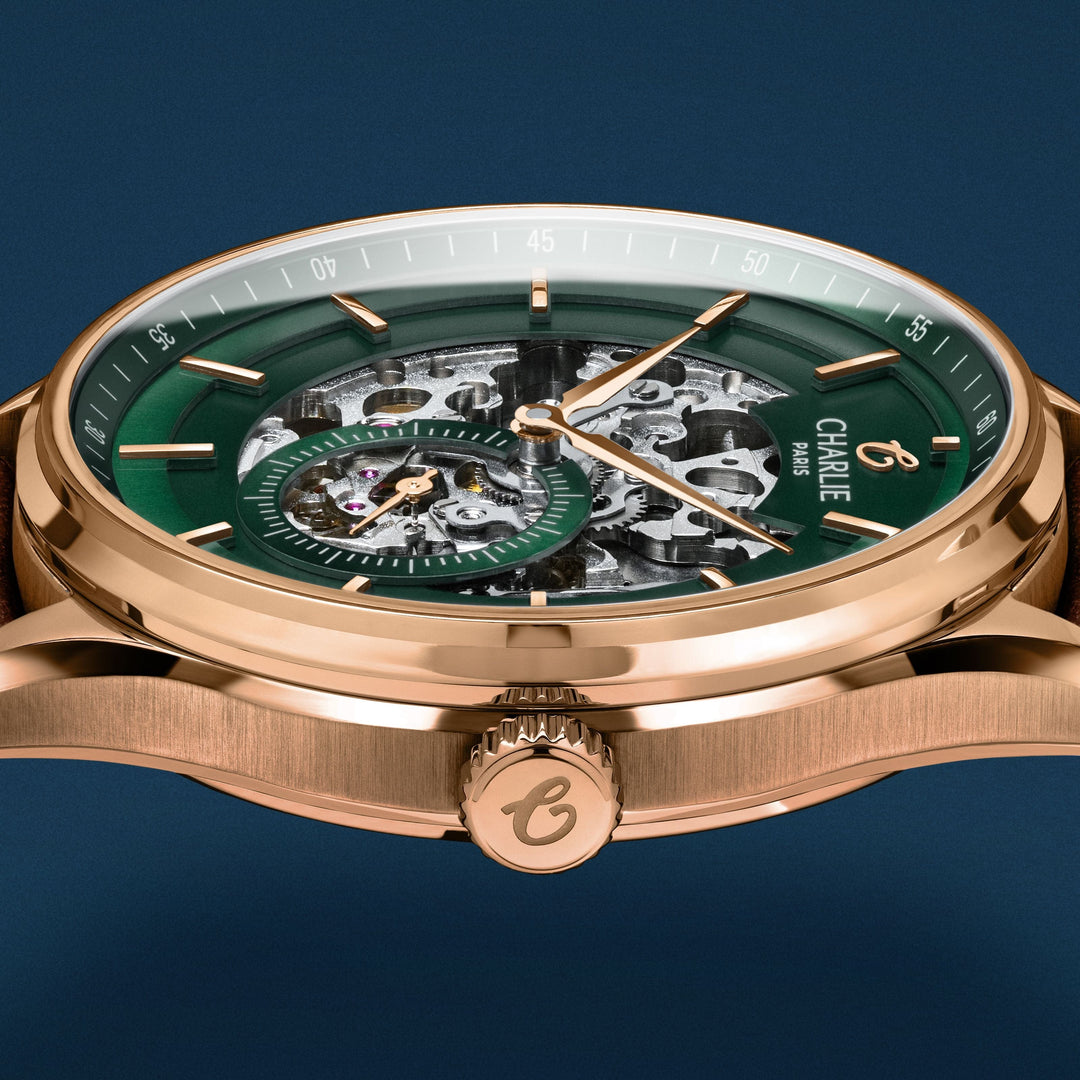Montre Charlie Paris INITIAL Squelette Vert &amp;Rosé 40 mm en acier inoxydable Charlie Paris Montre Montre Charlie Paris INITIAL Squelette - Vert &amp;  Or Rosé 40 mm | Dépositaire Officiel Canada | Mathieu Blanchard Joaillerie Mathieu Blanchard Joaillerie