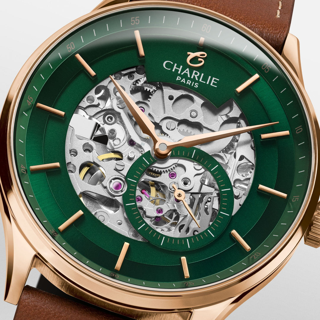 Montre Charlie Paris INITIAL Squelette Vert &amp;Rosé 40 mm en acier inoxydable Charlie Paris Montre Montre Charlie Paris INITIAL Squelette - Vert &amp;  Or Rosé 40 mm | Dépositaire Officiel Canada | Mathieu Blanchard Joaillerie Mathieu Blanchard Joaillerie
