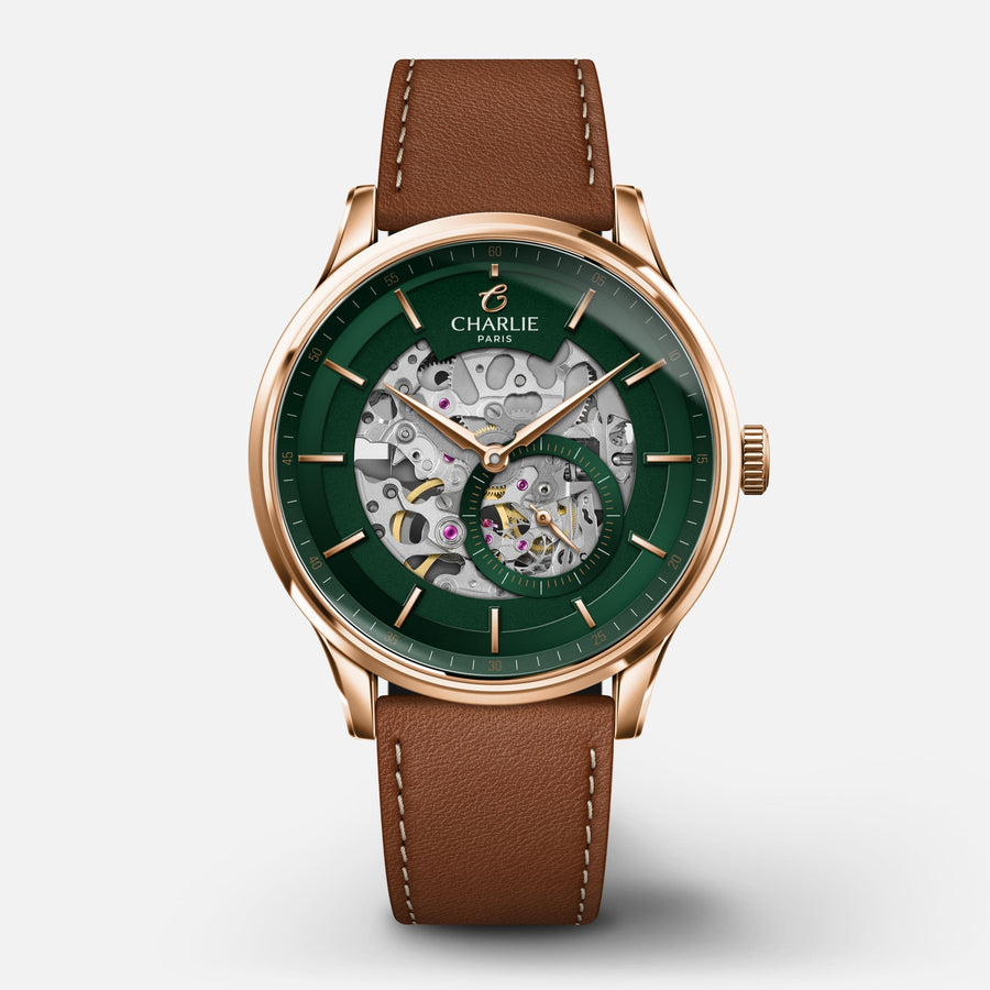 Montre Charlie Paris INITIAL Squelette Vert &Rosé 40 mm en acier inoxydable Charlie Paris Montre Cuir brun / Acier inoxydable ISQ-40-020 / B20-101-B Montre Charlie Paris INITIAL Squelette - Vert &  Or Rosé 40 mm | Dépositaire Officiel Canada | Mathieu Blanchard Joaillerie Mathieu Blanchard Joaillerie