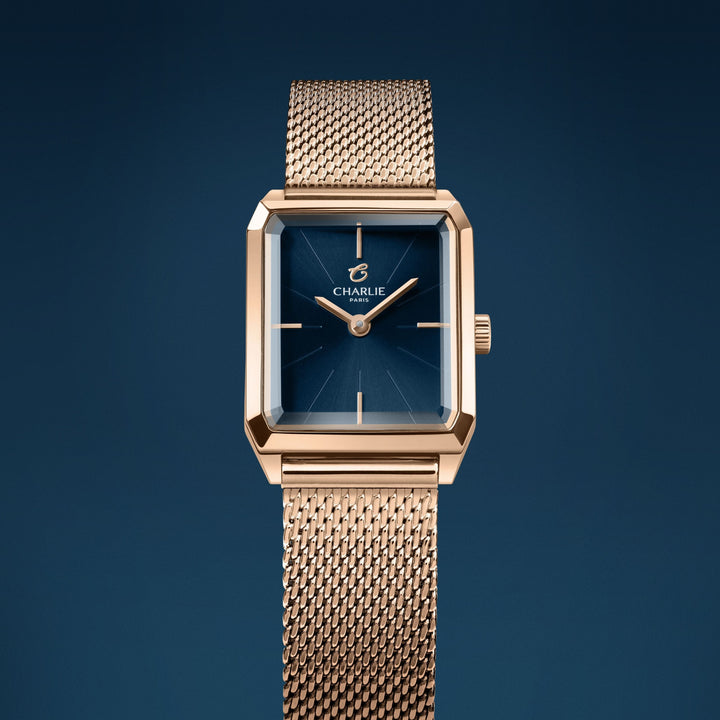 Montre Charlie Paris MONCEAURosé &amp; Bleu 36 mm en acier inoxydable Charlie Paris Montre Montre Charlie Paris MONCEAU Or Rosé &amp; Bleu 36 mm | Dépositaire Officiel Canada | Mathieu Blanchard Joaillerie Mathieu Blanchard Joaillerie