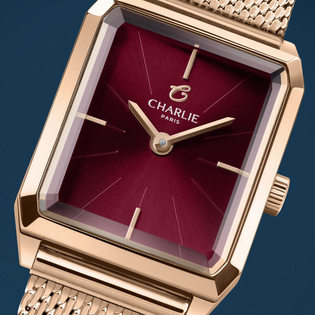 Montre Charlie Paris MONCEAURosé &amp; Bordeaux 36 mm en acier inoxydable Charlie Paris Montre Montre Charlie Paris MONCEAU Or Rosé &amp; Bordeaux 36 mm | Dépositaire Officiel Canada | Mathieu Blanchard Joaillerie Mathieu Blanchard Joaillerie