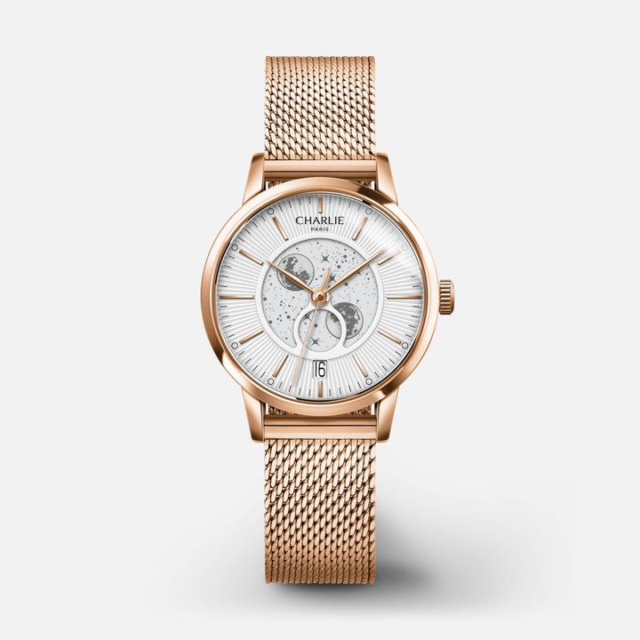 Montre Charlie Paris SULLY Phase de LuneRosé 30 mm en acier inoxydable Charlie Paris Montre Maille milanaise / Acier inoxydable SPL-30-018 / B14-M-B Montre Charlie Paris SULLY Phase de Lune - Or Rosé 30 mm | Dépositaire Officiel Canada | Mathieu Blanchard Joaillerie Mathieu Blanchard Joaillerie