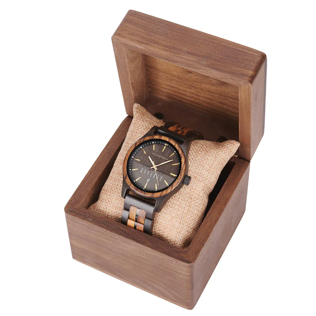 Montre en bois Horizon Équinoxe Roadtripmadewood Montre en bois Acier inoxydable plaqué noir RTMW-HORIZON-EQUINOXE Montre Horizon - Équinoxe en bois | Mathieu Blanchard Joaillerie Mathieu Blanchard Joaillerie