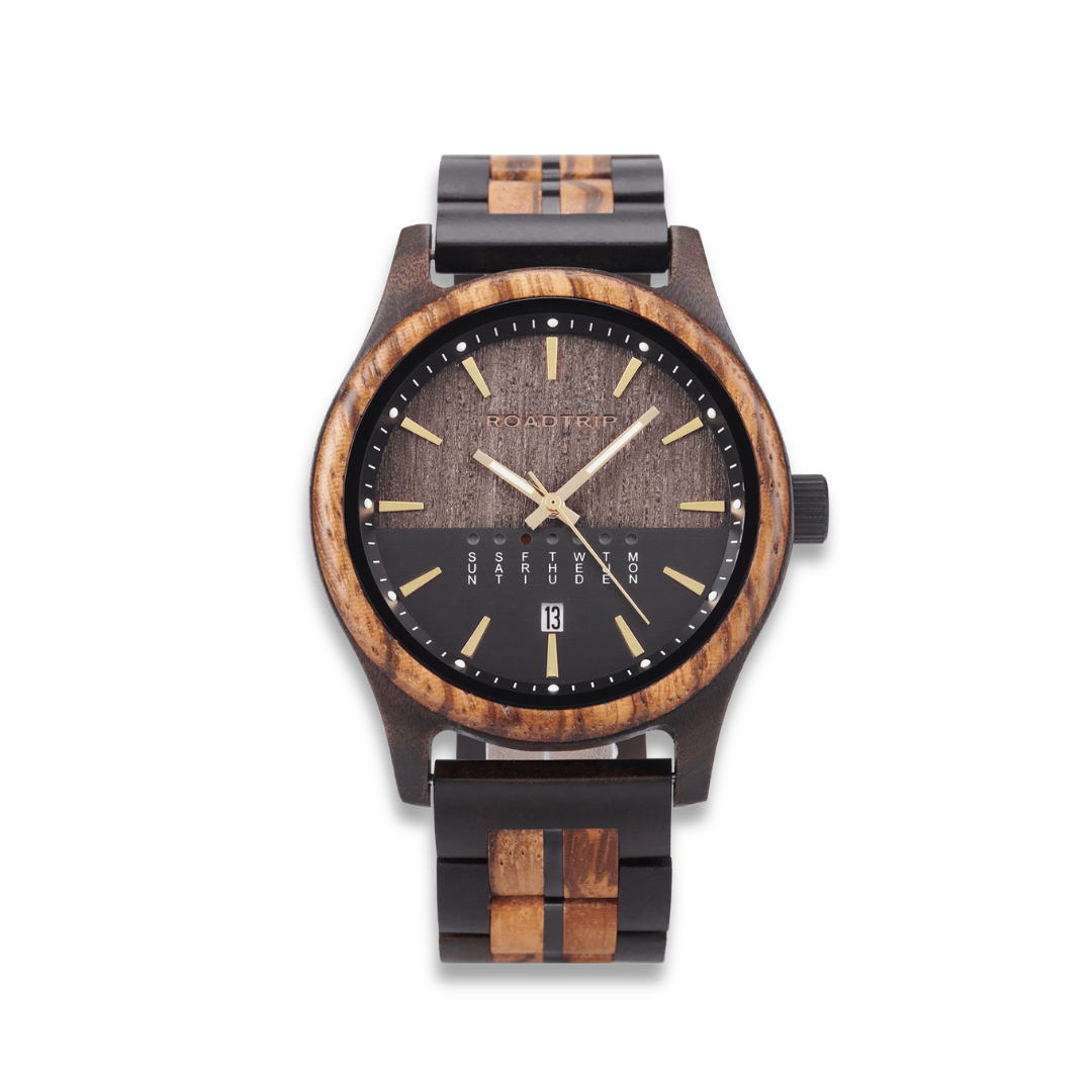 Montre en bois Horizon Équinoxe Roadtripmadewood Montre en bois Acier inoxydable plaqué noir RTMW-HORIZON-EQUINOXE Montre Horizon - Équinoxe en bois | Mathieu Blanchard Joaillerie Mathieu Blanchard Joaillerie