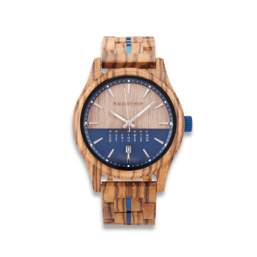 Roadtripmadewood Montre en bois Montre Horizon - Heure Bleue en bois