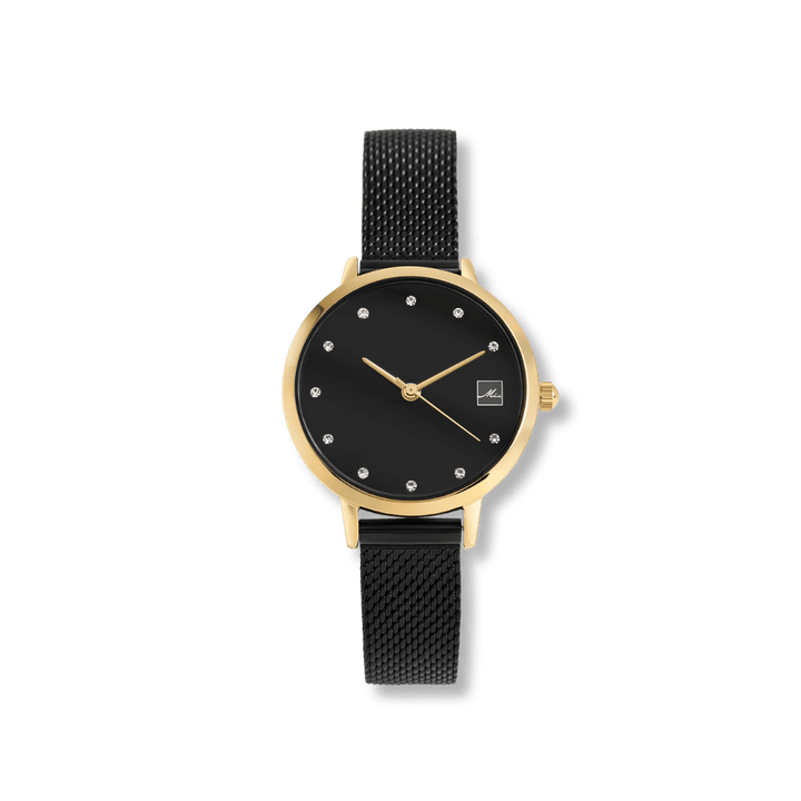 Montre Mia acier inox Pierres Mia Bijoux Montre Acier inoxydable plaqué or jaune et noir W119M02DONO Montre Mia acier inox Pierres scintillantes | Mathieu Blanchard Joaillerie Mathieu Blanchard Joaillerie