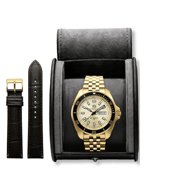 Montre Momentum Champagne Sea Quartz 30 - 42mm Momentum Montre Acier inoxydable plaqué or jaune 081AADBFC-EL-B-BK-B-BK-AGK-BH-AG-B-K10 Montre Champagne Sea Quartz 30 - 42mm - Dépositaire officiel Momentum Canada Mathieu Blanchard Joaillerie