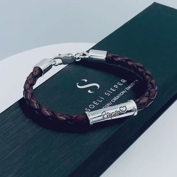 On t'aime Papa Leather and Sterling Silver Bracelet