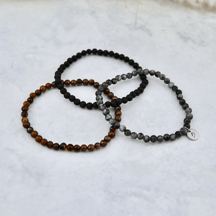 Trio de bracelets Oeil de tigre, Pierre de lave et Labradorite Mathieu Blanchard Bracelets Acier inoxydable Trio de bracelets Oeil de tigre, Pierre de lave et Labradorite Mathieu Blanchard Joaillerie