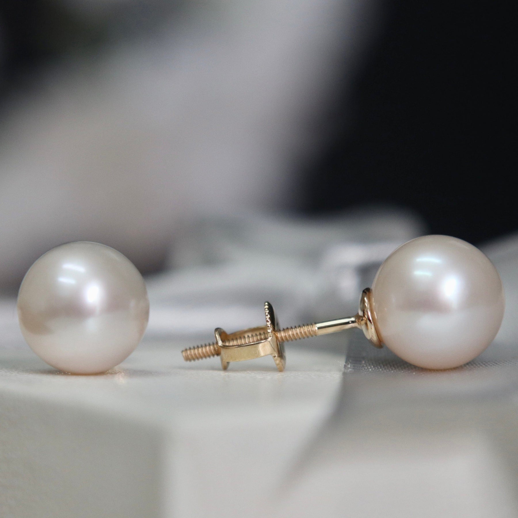 White Freshwater Round Pearl 14K Gold Earrings