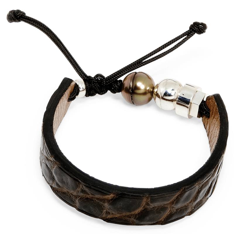 Romeo J. Bracelet en cuir de crocodile, perle de Tahiti  et argent